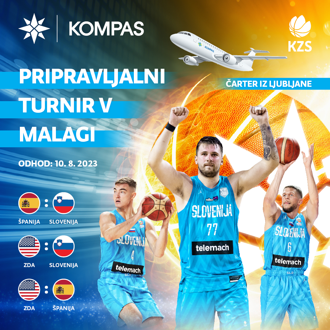 Košarka - Pripravljalni turnir v Malagi (Slovenija, ZDA, Španija)<br />
Odhod: 10. 8. 2023